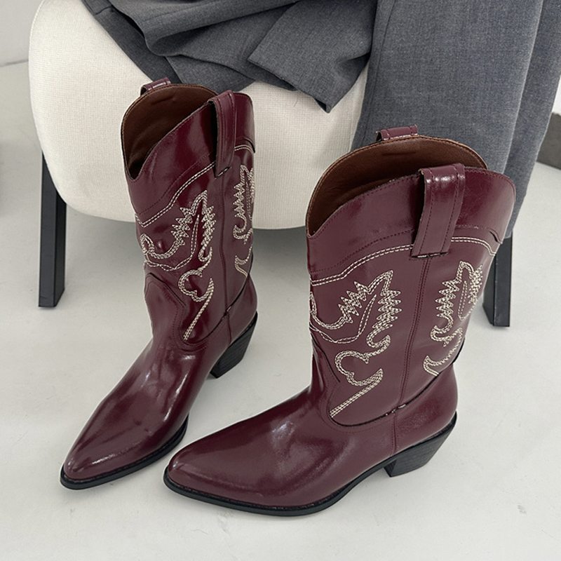Embroidery Red - Liyke Designer vin rouge cuir bottes