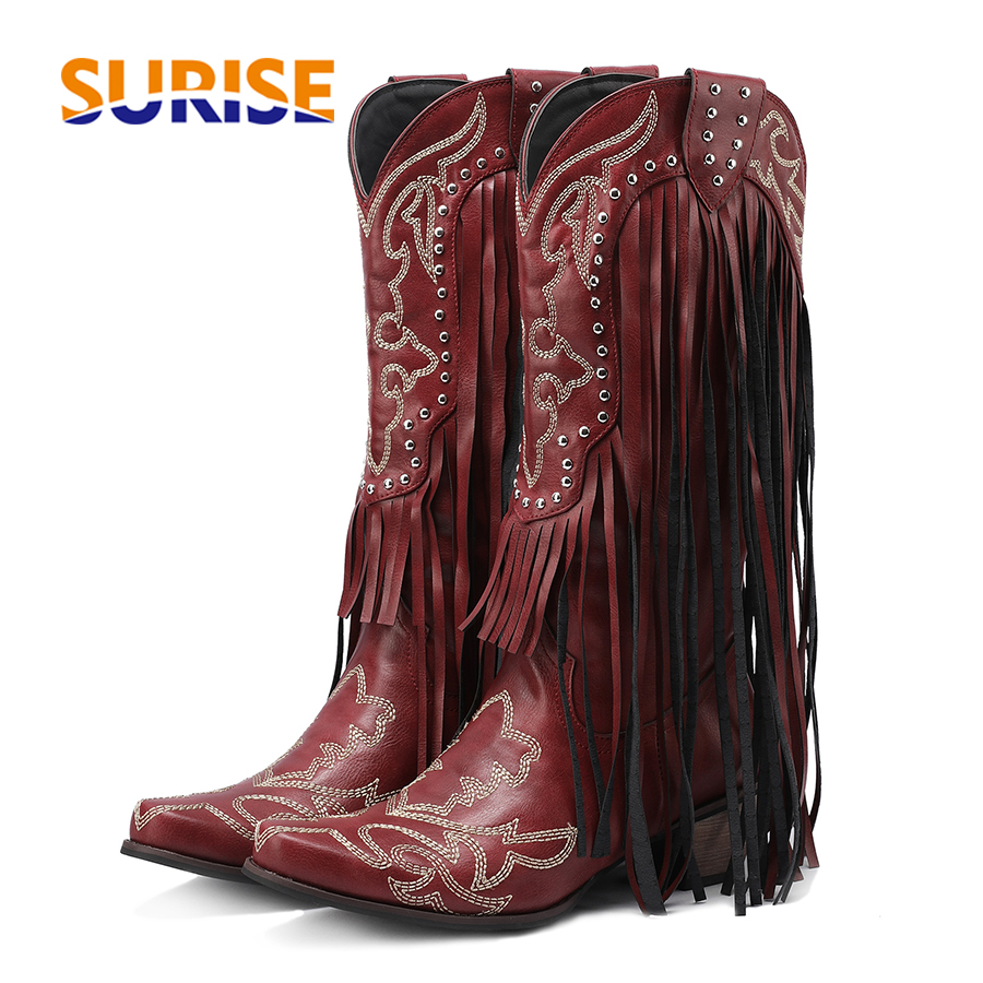 Embroidery Red - Bottes de cowboy mi-mollet pour femmes,