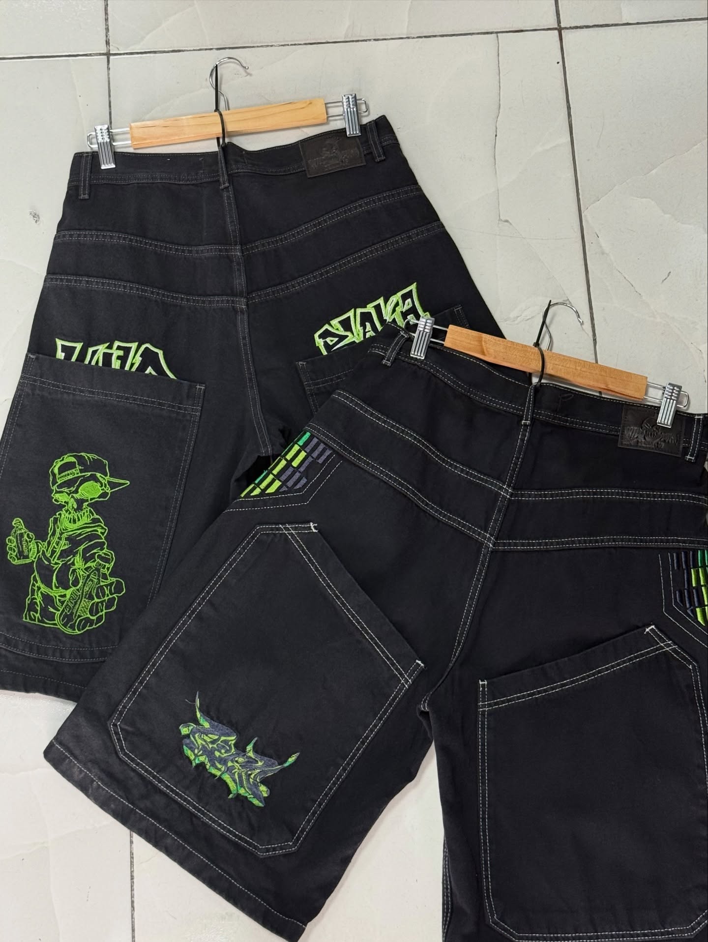 Y2K vert crâne Denim jean cour - Embroidery On Jeans avis et prix